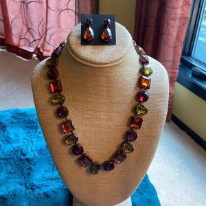 Jewel Tone Crystal Rivière Statement Necklace & Earring Set Amber Ruby Olivine